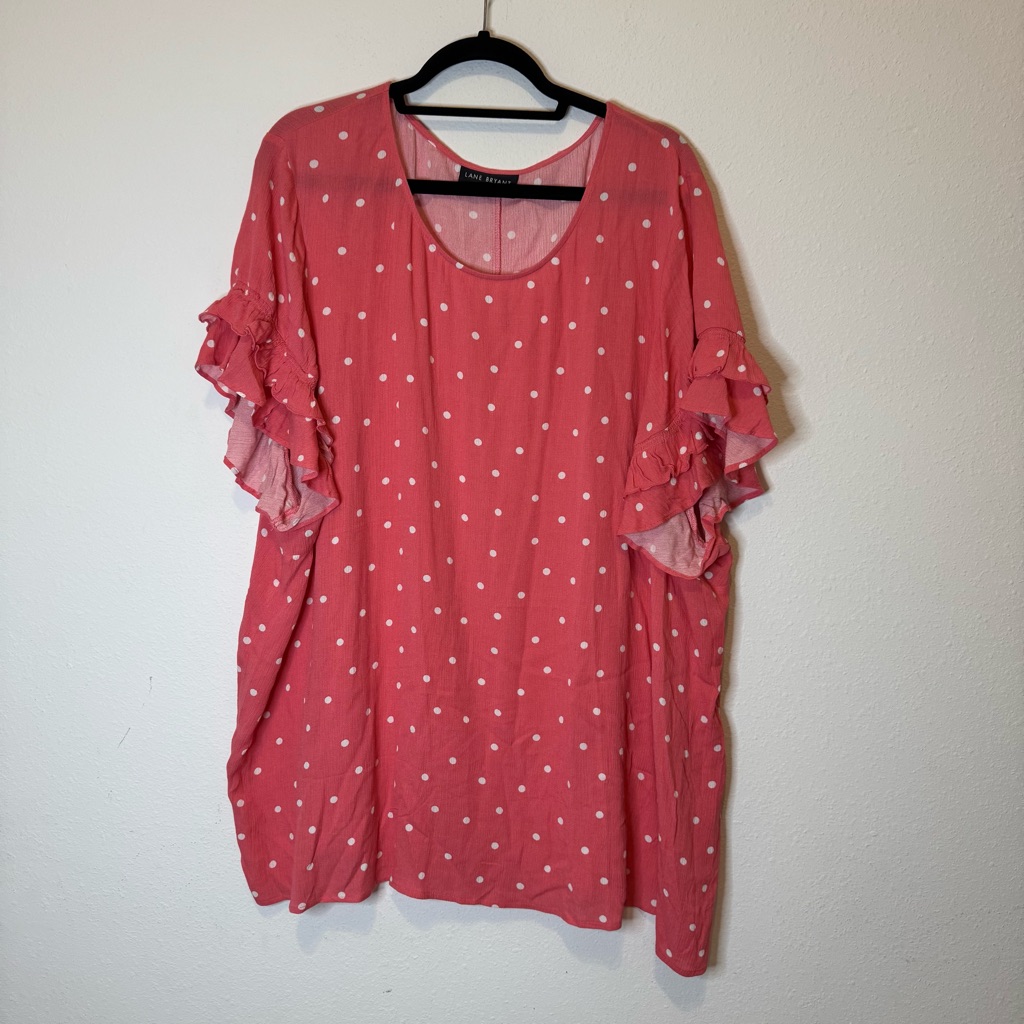 Lane Bryant Pink Shirt 28 4x White Polka Dot Short Ruffle Sleeve Blouse